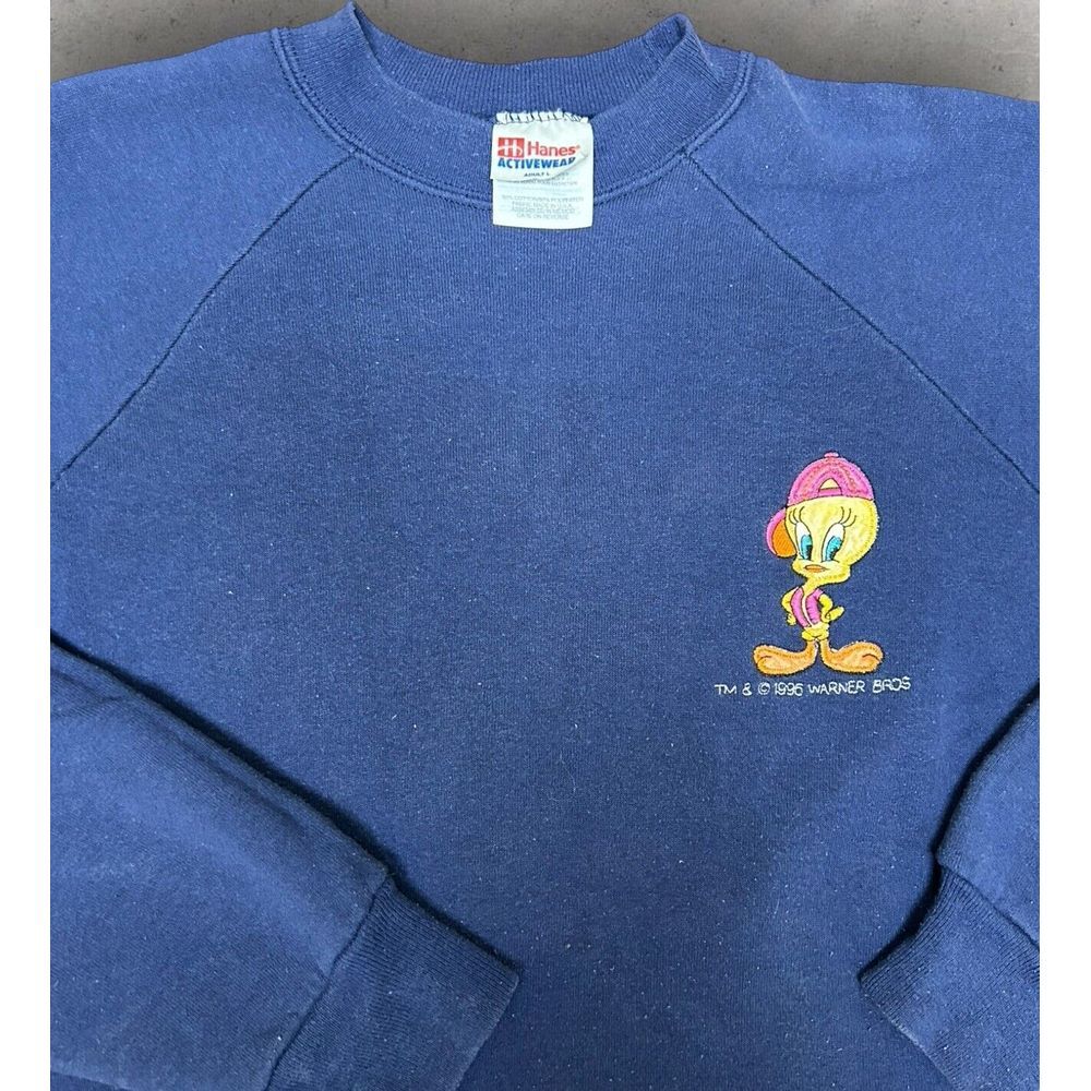 VTG 1996 Warner Bros Tweety Sweatshirt Looney Tunes Womens Large Blue Distressed